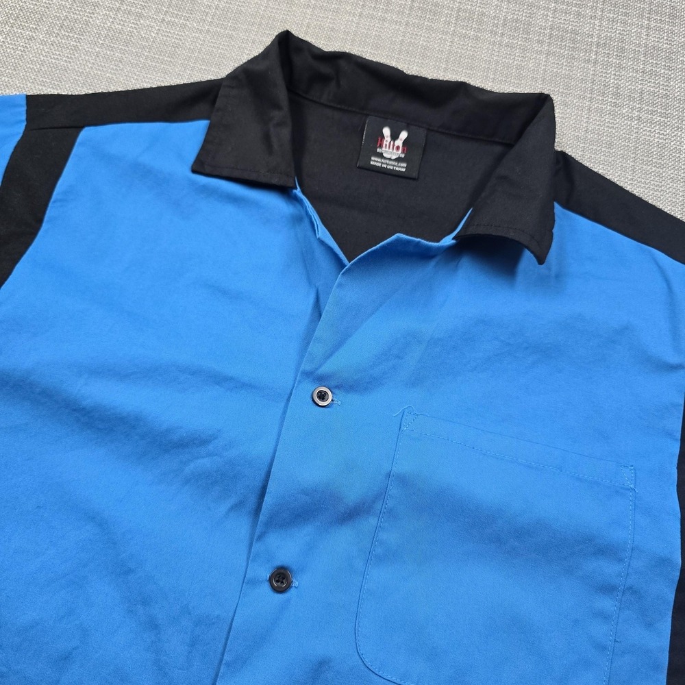Hilton Shirt Mens Small Blue Black Bowling Colorblock Short Sleeve Button Up